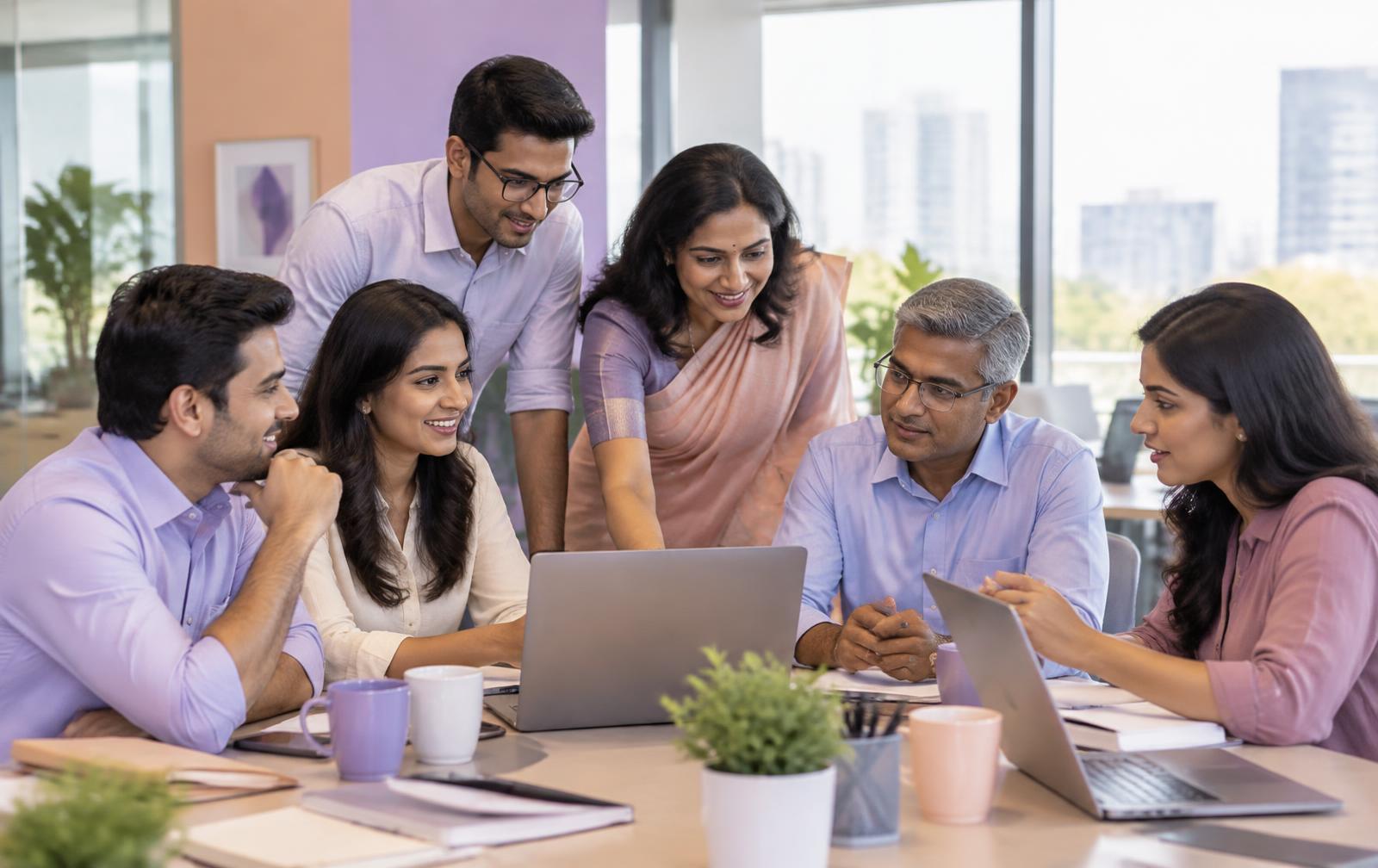 A diverse group of Indian colleagues collaborating together at work
